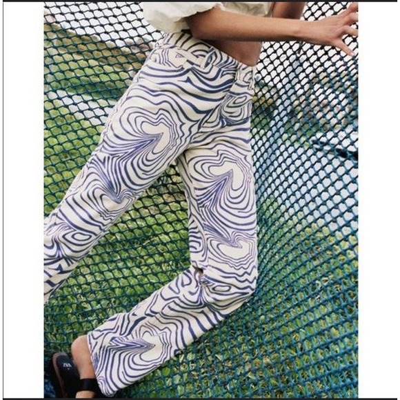 Zara Jeans Womens 2 Cream Blue Wavy Squiggle Print High Rise Straight‎ Leg Jeans - Picture 1 of 10